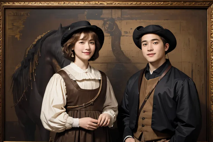 325 ( 20 year old woman and 20 year old man working in a stable), ( super real ), (stable、There is a horse), ( shorthair), (smile), (( gorgeous costume)), ((Rembrandt-style painting))