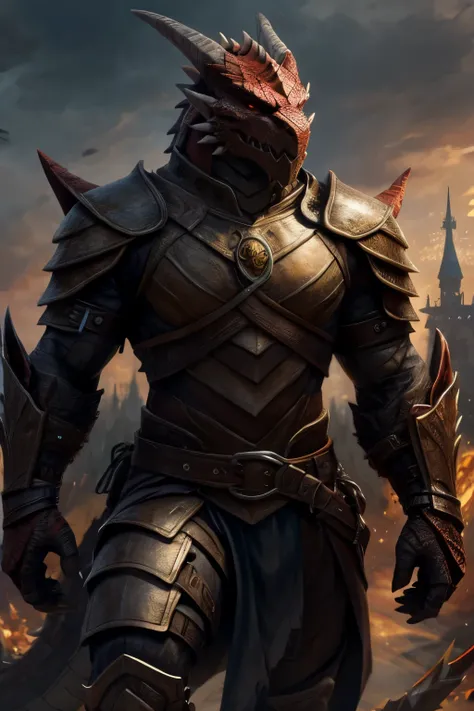 Red dragonborn man with black armor