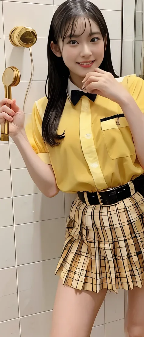  idol girl taking a shower of honey（Face and hair bathed in slime）、A whole body covered in honey（Chunks of honey on her face and body ）、　Good style、 sheer uniform bathed in honey （school belt）、