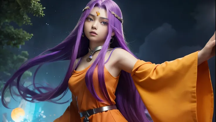  a mysterious female character 、 has long purple hair and a calm expression 。Wearing an orange and yellow robe、She wears sandals 、 has an overall atmosphere like a fortune teller or wizard、forest、Battle with monsters