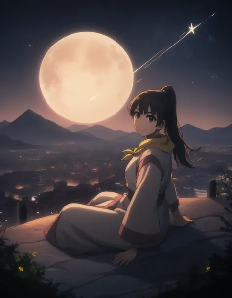 score_9, score_8_up, score_7_up, gsfghtr, multicolored robe, neckerchief, 1girl, bright, best lighting, smile, on top of mountain, city lights at night, moon, shooting stars