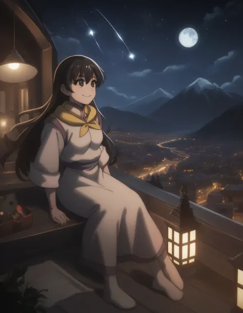 score_9, score_8_up, score_7_up, gsfghtr, multicolored robe, neckerchief, 1girl, bright, best lighting, smile, on top of mountain, city lights at night, moon, shooting stars