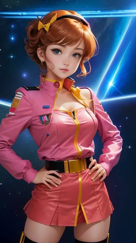  High Quality、Delicate images、Mobile Suit Gundams Frau Bow、 anime characters wearing pink costumes,Gundam Federation Force uniform 、 miniskirt、 and, In the style of 80s anime,  80s anime style,  Dandy from the Space Dandy anime