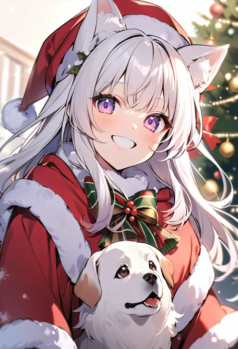 winter，smile，Dog ears girl，White Hair，   Christmas， Santa Claus 