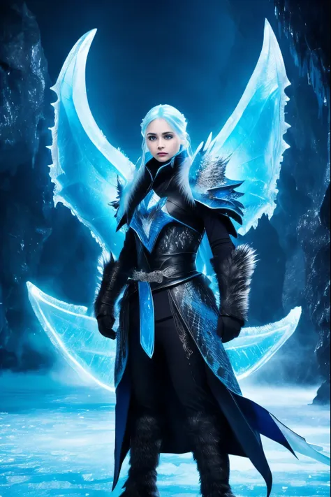 
Eyes with scales that glow white to blue and sharp eyes with a sense of transparency like ice、Ice Wings、Ice horns 、Sharp Claws、 standing strong on icy ground 。 ice dragons that lower the ambient temperature and cause a blizzard 。
 The background is an ice...