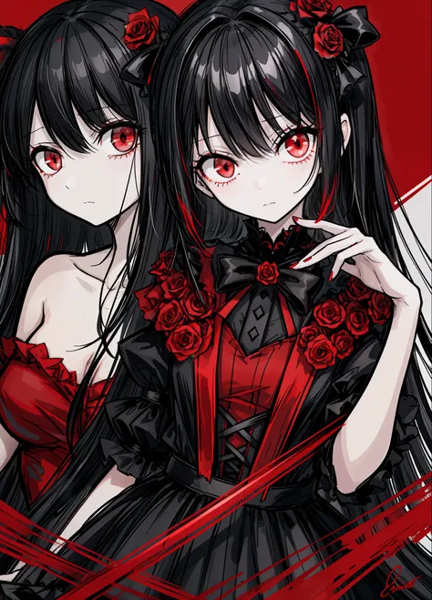 1girl, black hair, (red eye) ,red rose, Red bow,  black noble dress ,pale skin,
(high resolution, high detail, best quality), mysterious, elegant, shy