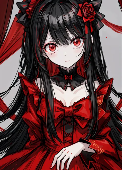 1girl, black hair, (red eye) ,red rose, Red bow,  black noble dress ,pale skin,
(high resolution, high detail, best quality), mysterious, elegant, shy