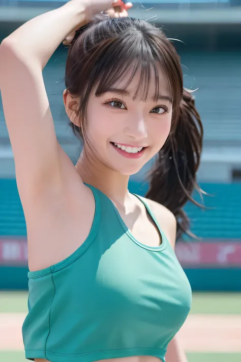 （ girl：1.3）、 ponytail、 amazing face and eyes、 staring at camera、A joyful smile、Showing teeth、 show armpits、Jump、 dynamic pose 、 vibrant pose 、（Green Sportswear：1.2）、 wears sneakers：1.4、 Highly detailed CG integrated 8K wallpaper、 Very detailed、 high resolu...