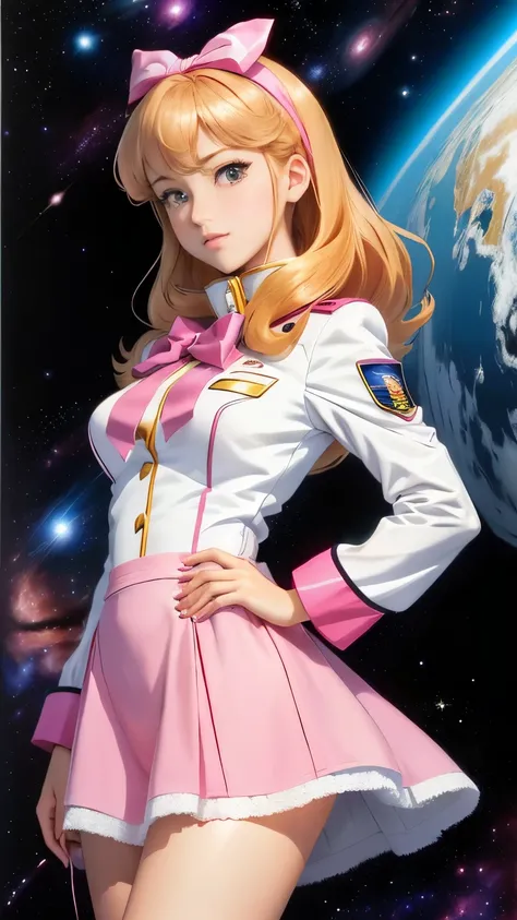  High Quality、Delicate images、Mobile Suit Gundams Frau Bow、 anime characters wearing pink costumes,Gundam Federation Force uniform 、 miniskirt、 white panty e, In the style of 80s anime,  80s anime style,  Dandy from the Space Dandy anime