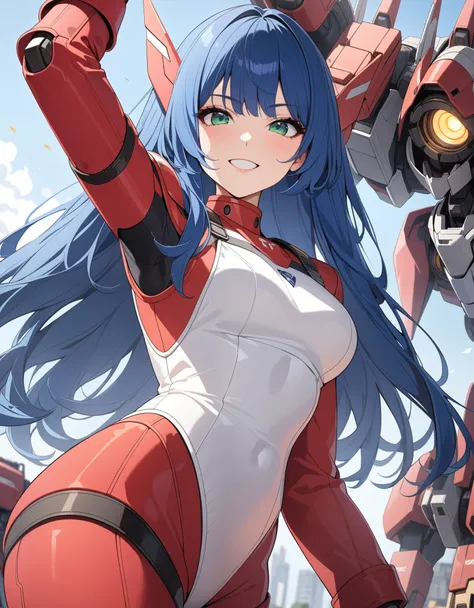 best quality, masterpiece, hires, highly detailed, 8k, (solo, solo focus), 1girl, cute and attractive woman with blue hair and green eyes, long hair, red pilot suit, white leotard, confident, power pose, grin, mecha, fix hands