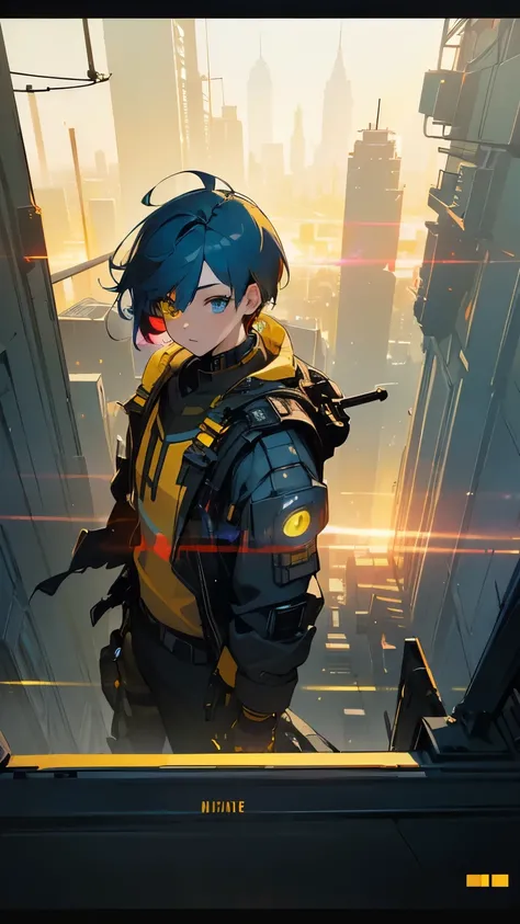 (masterpiece:1.3), (Best Cinematic Quality:1.2), (Extremely detailed settings:1), ( soft+ artistic lighting ), ( 1 boy ), short blue haired, (eye+yellow+red:1.4), (multicolored eye+ heterochromia), Wear cyberpunk-style clothes, Futuristic, technology, City...