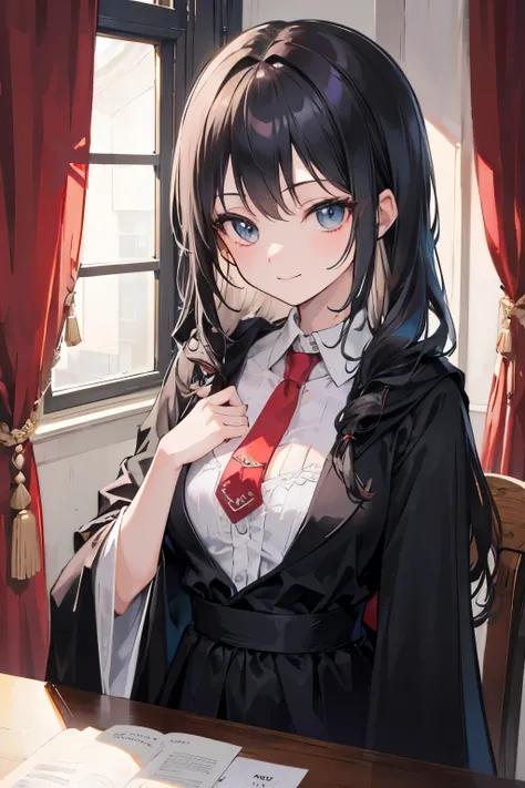  high resolution, masterpiece, accurate,  best quality by the window, Detail, Long hair,  black hair , smile, one girl,  matted hair , tie,  black robe, wizard, Quality, chest,