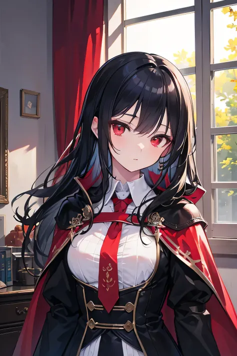  high resolution, masterpiece, accurate,  best quality by the window, Detail, Long hair,  black hair , one girl,  matted hair , tie, wizard, chest, Cape,  red eyes, 