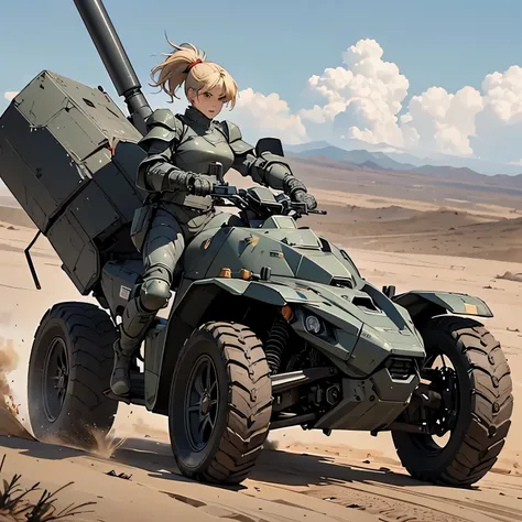 nsfw, very long shot, ANIME SCREENCAP, 16k, perfect anatomy proportion body,  action,  dynamic composition with a sense of speed and dynamism , (Ride a heavy armored off-road military motorcycle with a cannon:1.6), a wife, 40age, perfect beautiful delicate...