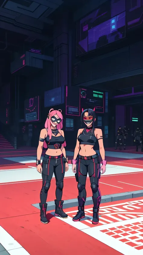 there are two women standing on a red carpet in front of a building, cyber punk setting, cyberpunk outfits, muted cyberpunk style, in cyber punk 2077, cyberpunk outfit, second life avatar, vrchat, wearing all black mempo mask, cyberpunk style outfit, 2 tec...