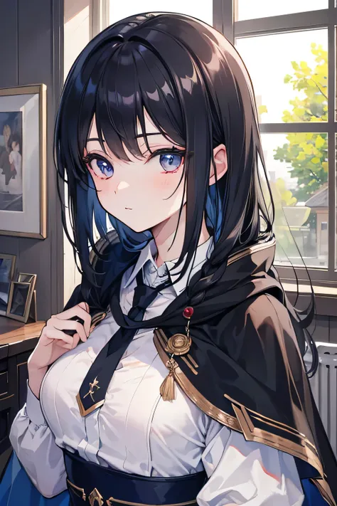  high resolution, masterpiece, accurate,  best quality by the window, Detail, Long hair,  black hair , one girl,  matted hair , tie, wizard, chest, Cape, 