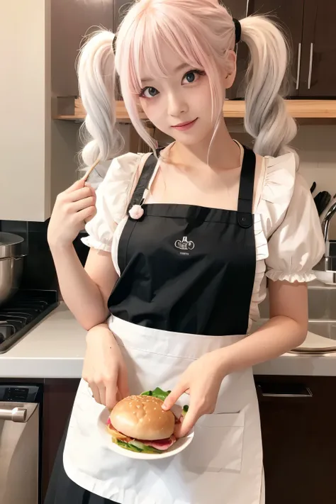 Girl with pinkish white hair 、 girl with long twin tails with loose, fluffy curls、Red Eyed Girl、 girl wearing an apron making a hamburger steak 