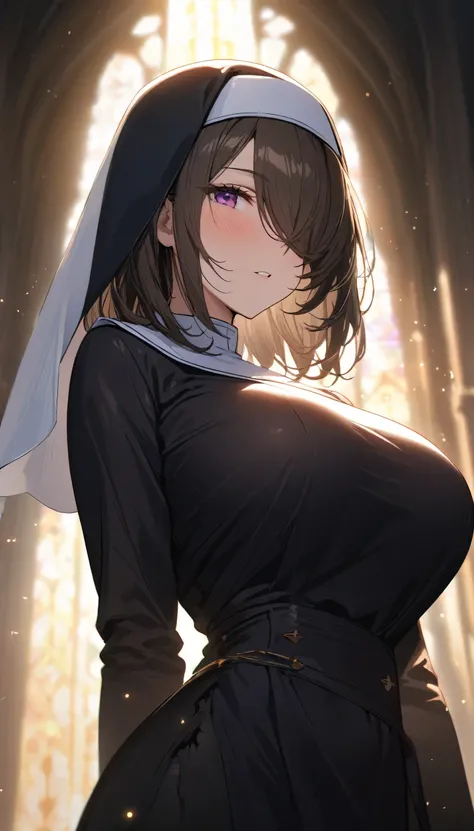 (masterpiece, Highest quality:1.2), 1girl, ((medium hair)), ((dark brown hair)), (straight hair), ((hair over face)), (hair over one eye), (hair over right eye), ((nun costume)), growing light, (purple eyes), detailed dark red eyes, (((big breast))), light...