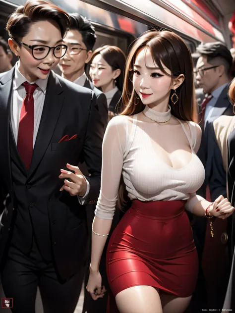 A beautiful woman wearing a revealing skirt suit, her elderly husband hugged and kissed her from behind in the crowded crowd, UHD, masterpiece, textured skin, super detail, best quality, 8k.