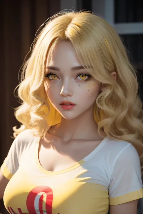 ,8K,16K,  3Dmasterpiece  ,  Ultra quality,,( yellow eyes:1.7),( big eyes), small nose , perfect nose ,Labios pequeños, full lips , red lips,  long curly hair ,  white hair,with red spots , cabello with red spots , white shirt,neckline,open t-shirt , Large ...