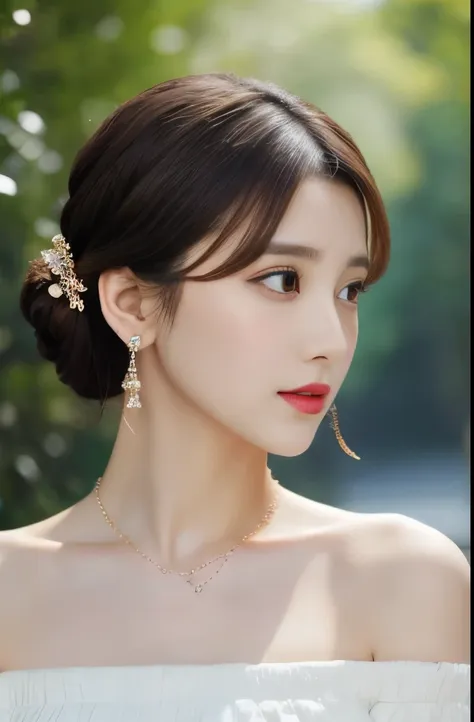 8K resolution, masterpiece, perfect facial features, beautiful hairstyle, hair accessories, earrings, necklace, collarbone, off-shoulder, low-neckline dress, European-style architecture, outdoor.