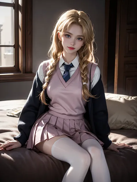 school uniform, necktie, backpack, pink vest, sweater vest, collared shirt, long sleeves, pleated skirt, pantyhose, ((full body)), 1girl, solo, (Night, dark colors), (full body, sitting), (right leg crossed over left thigh at 45 degrees), (torso leaning 15...