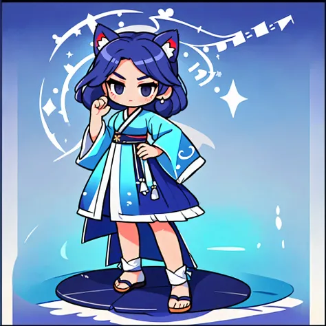 One female warrior ,  Korean Style Hanbok Costume ,  Costume Color White and Blue , dark blue long hair, cat ears , black eyes , Half Side Pose ,  Introducing Pose ,  The act of raising your hand to tell me something