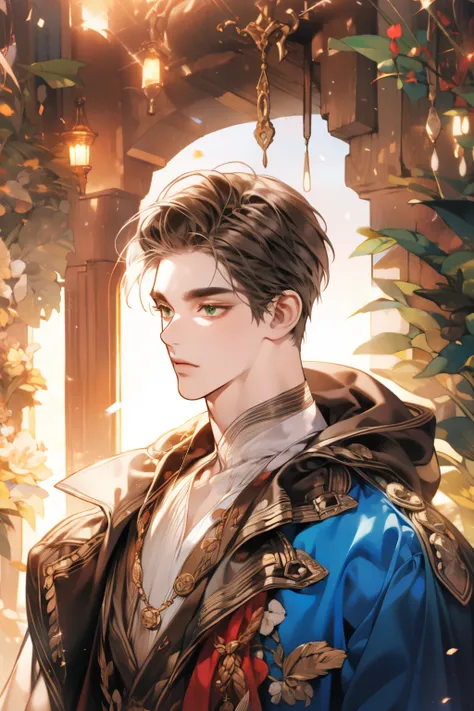 (absurdres, highres, ultra detailed), (1 male, solo, adult, mature, aged up, tall muscular guy, broad shoulders, handsome), wavy brown hair, green eyes, (angular jaw, thick neck, thick eyebrows), BREAK, forest, fantasy, Uniform, extremely detailed face, up...