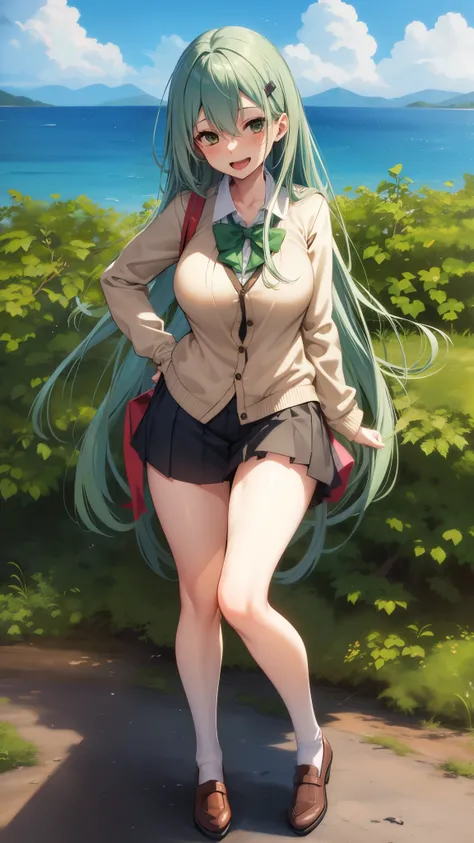 ,, green hair,  long hair,Suzuya（Kantai Collection）,Suzuya（Kantai Collection）, hair clips,Big Breasts, open your mouth,Outdoor ,, school uniform, standing,smile,cardigan