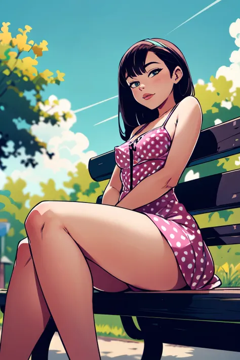 1girl, young Woman, Thick thighs, small breast,(polka dot sundress), sitting at bench in a park
 