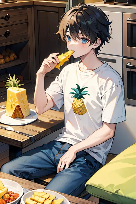 male　 boys　T-Shirts　pants　table　kitchen　eating pineapple 