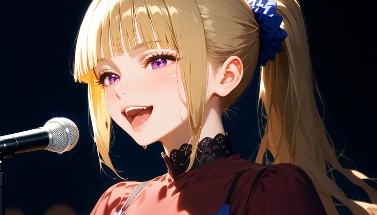 score_9, score_8_up, score_7_up, shiny skin, 1girl, KeiKaruizawa, Kei Karuizawa, bangs, blunt bangs, ponytail hair, long hair, violet eyes, blonde hair, blue scrunchie, sing, singing, open mouth, mic, Stage with Dim Light and Fog Effect, Dress flowy, dress...