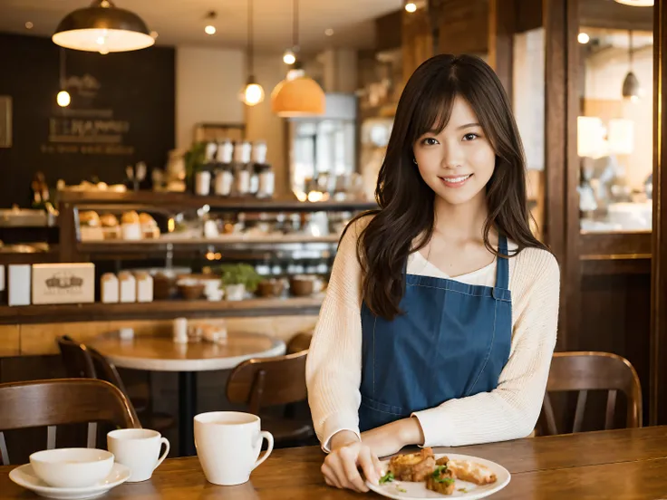 ( best quality、 table top naked underneath the jacket、8k、 High Quality、Award-winning works)、Woman working at a cafe、(The perfect brown apron:1.2)、(Stand gracefully in a cafe :1.1)、(A classy shirt and apron:1.1)、(Big Breasts:1.1)、( emphasizes your body line...