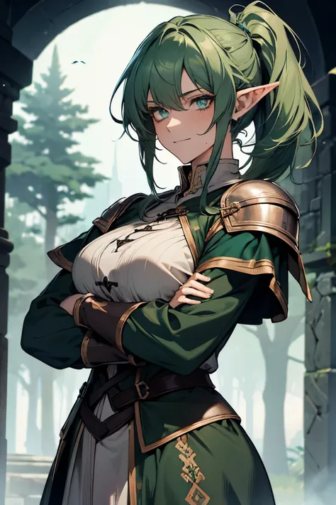 (8k, HD, best quality, intricate details, dark colors, masterpiece: 1.2) smug mature elvish woman with dark green hair, turned away, staring at viewer, elf ears, disheveled, sweating, smirking BREAK ((medieval ranger outfit)), crossed arms, standing BREAK ...