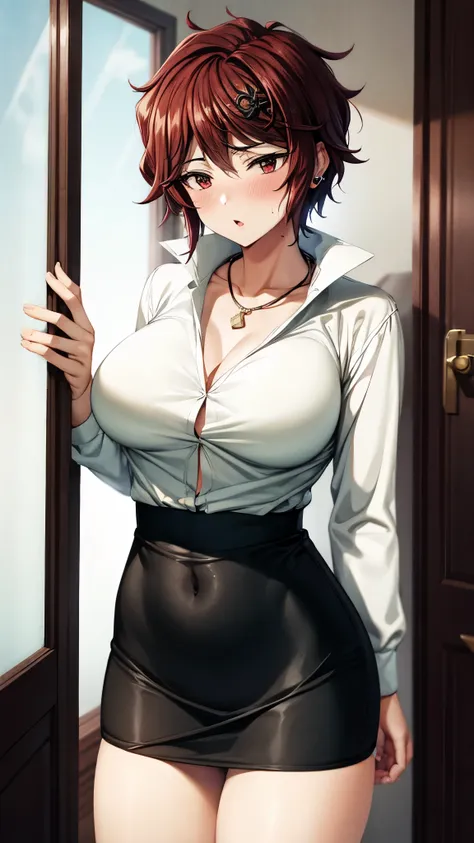 （ super quality, ultra high resolution,16k,super masterpiece,Ultra HD ,Detailed shading and background,）one sexy wife, looking at the camera,Short black hair,（A white shirt with a large collar spread wide and standing straight, wide open chest, black penci...