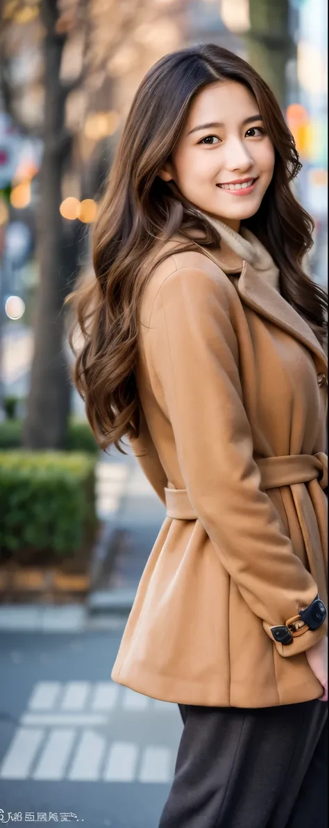 masuterpiece, Best Quality, Illustration, Ultra-detailed, finely detail, hight resolution, 8K Wallpaper, Perfect dynamic composition, from front, Beautiful detailed eyes, brown Long wavy Hair, wearing wool coat:1.2, long pants, pumps, Natural Color Lip, Ra...