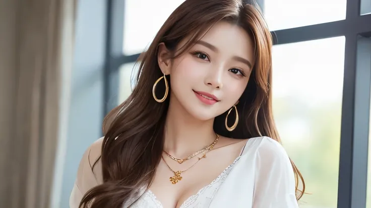  High Quality、 high definition 、8K wallpaper、Dense and beautiful eyedium hair、(Beautiful breasts:1.3)、 natural color lips、Brown Hair、smile、 semi-long hair、Hair tied up、 wearing necklaces and earrings、 white shirt、 miniskirt、workplace