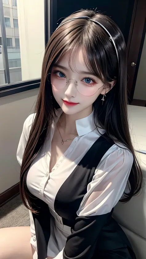 Intellectual beauty,  Ivory Shiny Silky Slightly Disheveled Wavy Half Up,  hair clips, compensate, Grace, dignity, , Attractive blue eyes, Glasses, Laugh like a mischievous ,  happy , shy, Curvaceous,  Wearing a Black Business Suit and Miniskirt , Open-col...