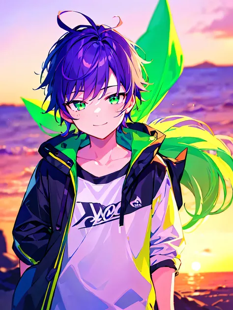 [(SUMMER BACKGROUND:1.5),::5], ((((masterpiece)))), high quality, ultra very high resolution, full color, (((solo))), ((little younger boy)), ((mens Purple hair)), (Green streaked hair), (Green eyes), anime, ((upper body)), neon light, black parka, SEA, SU...