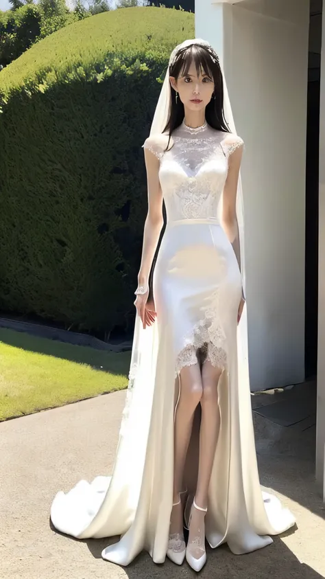 (Anorexia Long and thin body:1.4). Alone,(unrealistically very long legs:1.4), Very Thin,  best quality、 super detailed、8k、attractive  woman、 Beautiful Women、Panting face、 black hair、(White chemical lace wedding dress:1.4)、  standing、whole body、Down to the...