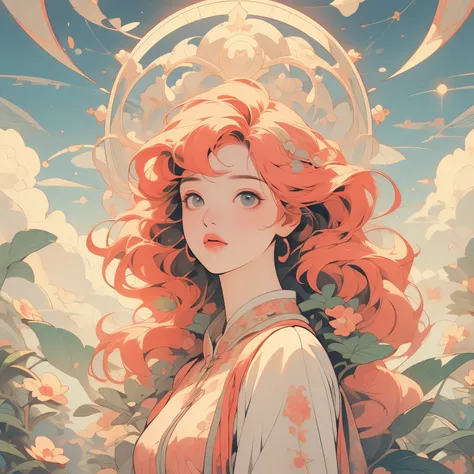 (((masterpiece, Highest quality)))、(((32K Wallpapers)))、A futuristic city in the sky、((( upper body)))、 perfect face、 wind is blowing、White Flower、Vast background、 1 woman、 detailed hair、squirt、 looking up at the sky、白いTシャツ
、Red Hair Color