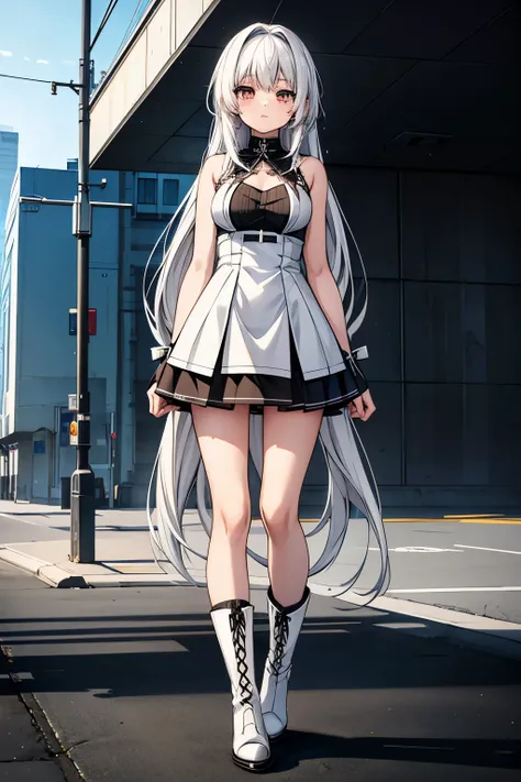 anime cute girl, long straight hair, white hair, white short dress, fullbody, high detail, black boots emo girl, short dress