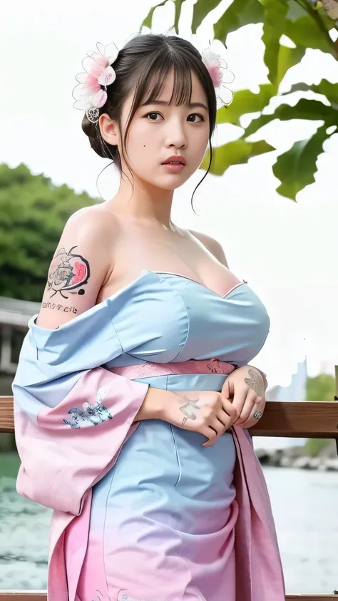 Georgeous, Beautiful, Cutes, Baby Face, 20 Years Old, White Skin, Sleeveless, Cleavage, Large Breast, Large Chests, ((Pink-Blue Pastel Coloured)) Off Shoulder Japanese Kimono, Lace Kimono, Embroidery Kimono, Muscles, Athletic, Girly, Japanese Vintage Backg...