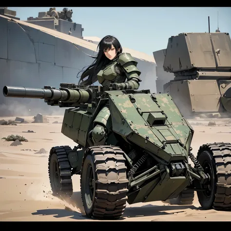 nsfw, very long shot, ANIME SCREENCAP, 16k, perfect anatomy proportion body,  action,  dynamic composition with a sense of speed and dynamism ,  Camouflage Robotic Heavy Armor Full Armor Powered Suit, (Female soldier riding a heavy armored military buggy w...