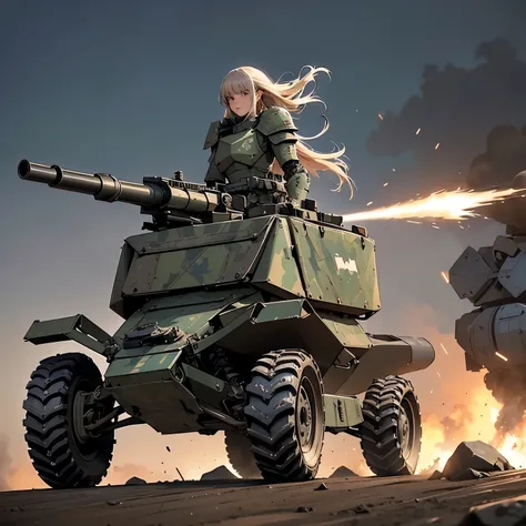 nsfw, very long shot, ANIME SCREENCAP, 16k, perfect anatomy proportion body,  action,  dynamic composition with a sense of speed and dynamism ,  Camouflage Robotic Heavy Armor Full Armor Powered Suit, (Female soldier riding a heavy armored military buggy w...