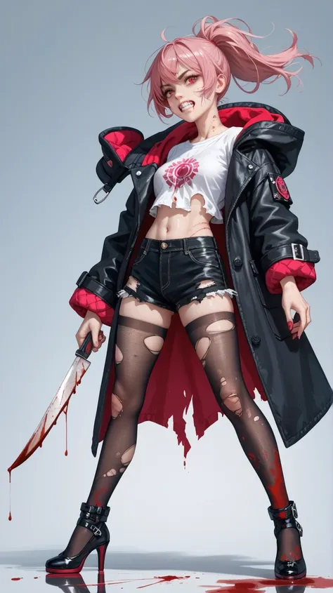 Flat color background, Girl, Pink short straight hair, Ponytail, Red Eyes, Evil Expression, ugly scar exposing teeth on the right side of the mouth, Strong Body, Torn Black Pantyhose, Black micro shorts, White blouse, Black coat with hood and blood stains,...