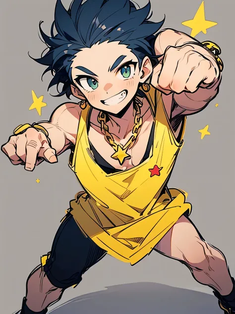 (frontview:1.3),solo,(fullbody), male, (all shaved hair), big forehead, thin eyes, muscular body, male eyes, male nose, male mouth, star accessory, gold necklace for men, gold chain, purple tank top, black jeans, grin,dance fighting stance:1.1, simple whit...