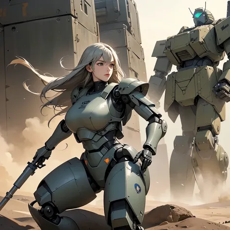 nsfw, very long shot, ANIME SCREENCAP, 16k, perfect anatomy proportion body,  action,  dynamic composition with a sense of speed and dynamism ,  Camouflage Robotic Heavy Armor Full Armor Powered Suit, (Female soldier riding a large heavy armored military b...