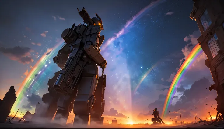 ((beautiful Rainbow in the sky:1.5),  Ruined City , battlefield, Ruins, Gun smoke fills the air, Broken giant robot, Orange Sky, Dust, Sparkle, Starry Sky, from below ,  wide shot,  cinematic lighting , Blur,   ULTRA WIDE ANGLE  ,  best quality, 8k