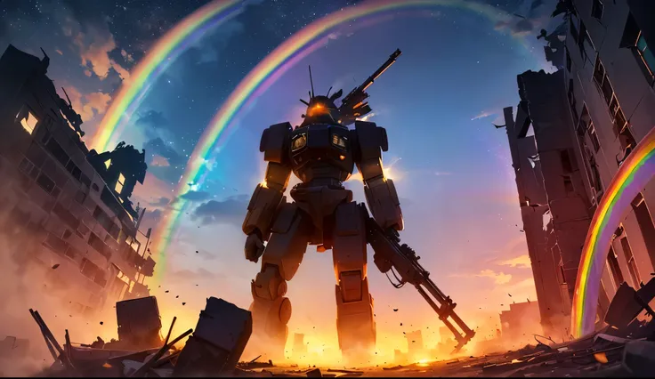 ((beautiful Rainbow in the sky:1.5),  Ruined City , battlefield, Ruins, Gun smoke fills the air, Broken giant robot, Orange Sky, Dust, Sparkle, Starry Sky, from below ,  wide shot,  cinematic lighting , Blur,   ULTRA WIDE ANGLE  ,  best quality, 8k